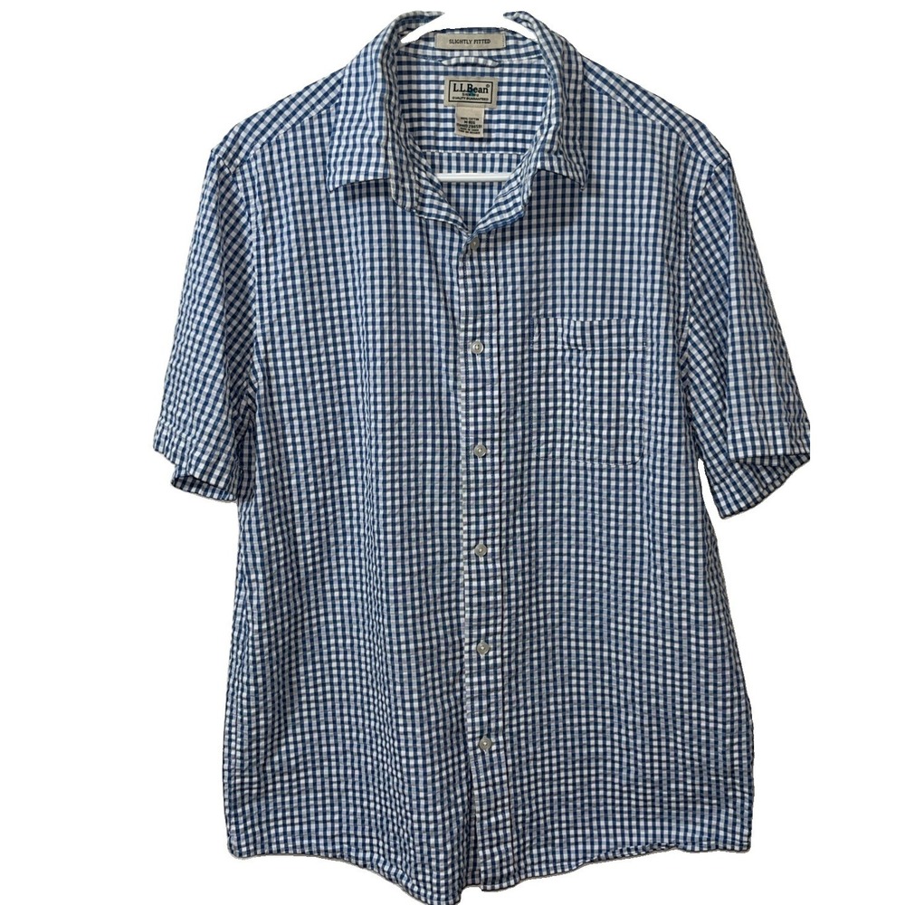 LL Bean Mens Shirt M Slightly Fitted Seersucker Blue White Checked Classic BBQ